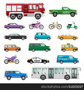 Big set of wheeled transport vectors. Flat design. Collection of personal, public, special, office, cars, motorcycles, buses, bicycles. For transport concepts, infographic ad app icon games design . Big Set of wheeled transport in Flat design.. Big Set of wheeled transport in Flat design.