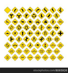Big set of yellow road signs on white. Big set of yellow road signs isolated on white