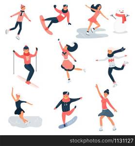 Big set of young and adult people doing winter sports. Vector illustration isolated on white background. Big set of young people doing winter sports