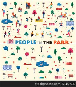 Big set people in park icons and headline couple with guitar, green trees, swan on lake, tennis game, cycling together isolated on vector illustration. Big Set People in Park Icons Vector Illustration