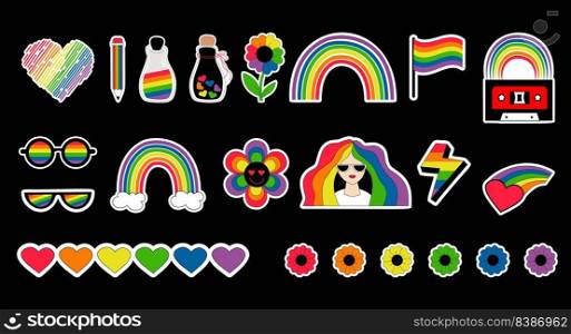 Big set stickers symbols of LGBT community. LGBTQ pride month vector icons, lesbian, pride flags, retro rainbow, love elements, heart and rainbow signs, gay pride month, groovy celebration. Isolated