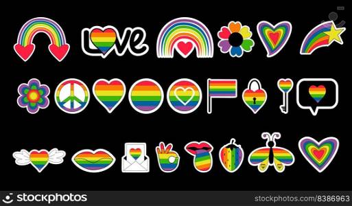 Big set stickers symbols of LGBT community. LGBTQ pride vector icons, pride flags, retro rainbow, love elements, heart and rainbow signs, gay pride month, groovy celebration. Isolated cliparts iridescent 