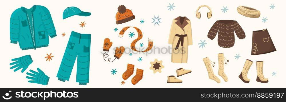 Big set winter clothes. Vector illustration. Aquamarine, beige, orange colors. Flat style. Big winter and autumn sales. Warm clothes, shoes and accessories for cold season. For man and woman. Big set winter and autumn clothes. Vector illustration. Aquamarine, beige, brown, orange colors