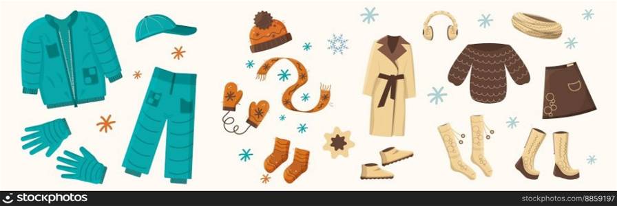 Big set winter clothes. Vector illustration. Aquamarine, beige, orange colors. Flat style. Big winter and autumn sales. Warm clothes, shoes and accessories for cold season. For man and woman. Big set winter and autumn clothes. Vector illustration. Aquamarine, beige, brown, orange colors