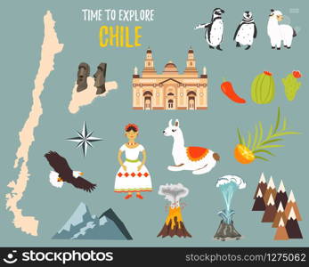 Big Set with landmarks, animals, symbols of Chile.. Big Set with landmarks, animals, symbols of Chile