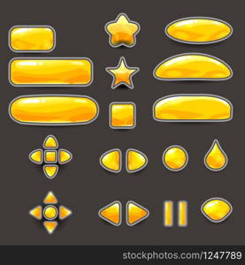 Big set yellow gold color buttons for games and app different shape. Big set yellow gold color buttons for games and app different shape. Casual game UI kit. 2d game icon. Vector isolated