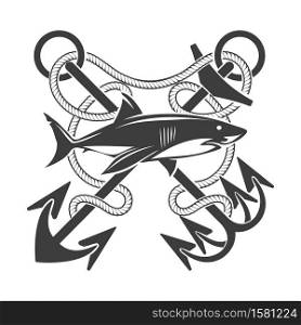 Big Shark and crossed Anchors with marine ropes nautical Tattoo. Vector illustration.. Emblem with Shark and Crossed Anchors in Ropes