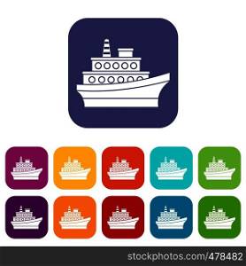 Big ship icons set vector illustration in flat style in colors red, blue, green, and other. Big ship icons set