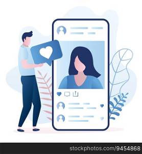 Big smartphone with a female avatar, male follower gives like. Social network communication concept. Trendy style vector illustration
