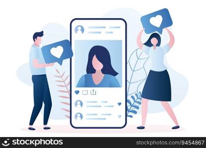 Big smartphone with a woman avatar, male and female followers gives like. Social network communication concept. Trendy style vector illustration