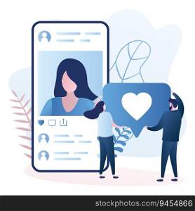 Big smartphone with a woman avatar on screen, male and female followers gives like. Social network communication concept. Trendy style vector illustration