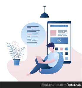 Big smartphone with applications and male sitting with laptop,app development concept,trendy style vector illustration.