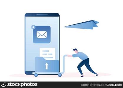 Big smartphone with mail application and man rolls the cart with document and paper plane flying. Email or message services,delivery background concept,trendy style vector illustration