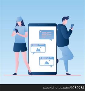 Big smartphone with speech bubble and young student people chatting,internet social communication concept, vector illustration in trendy style