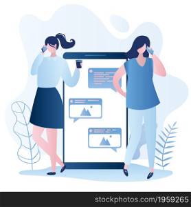 Big smartphone with speech bubble and young women chatting,internet social communication concept, vector illustration in trendy style