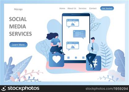 Big smartphone with speech bubbles and signs,People talking and chatting in network,lsocial media services landing page tamplate,trendy style vector illustration.