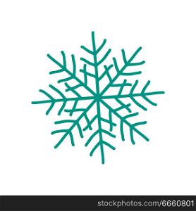 Big snowflake of blue color represented on poster, icon of perfect geometric shape with isometry, vector illustration isolated on white background. Big Blue Snowflake Poster on Vector Illustration