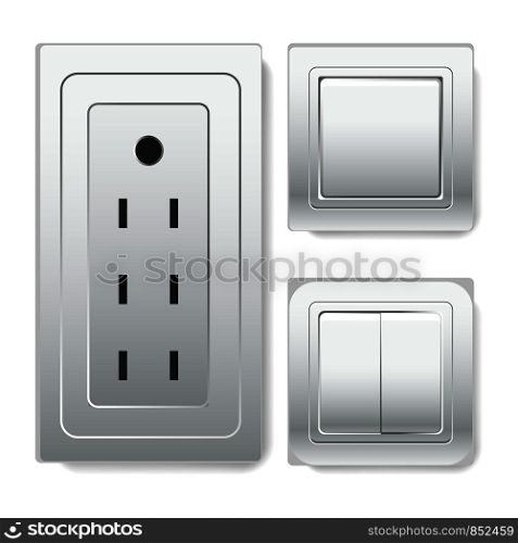 Big socket with euro connector and square plastic light switches with one and two keys. Simple tools for electricity management isolated cartoon flat vector illustrations set on white background.. Big socket with euro connector and light switches