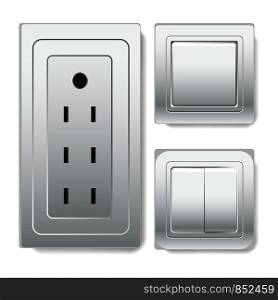 Big socket with euro connector and square plastic light switches with one and two keys. Simple tools for electricity management isolated cartoon flat vector illustrations set on white background.. Big socket with euro connector and light switches