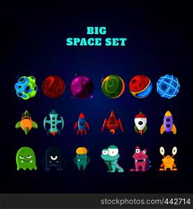 Big space set. Set of space elements. planets, rockets and monsters. Vector space monster and planet, spaceship and rocket illustration. Big space set. Set of space elements. planets, rockets and monsters