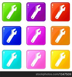 Big spanner icons set 9 color collection isolated on white for any design. Big spanner icons set 9 color collection