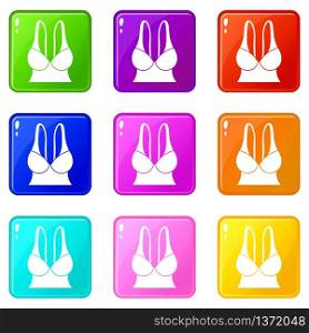 Big sports bra icons set 9 color collection isolated on white for any design. Big sports bra icons set 9 color collection