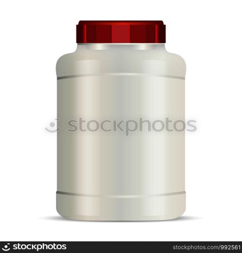 Big sports nutrition can vector illustration. Protein bottle with red lid. Milk white jar isolated on background.. Big sports nutrition can. Protein bottle. Vector