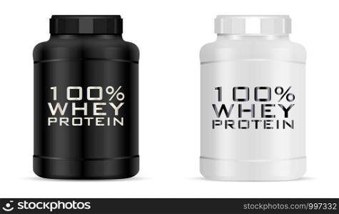 Big sports nutrition jar set vector illustration. Protein bottles with faceted lid. black and white cans isolated on background.. Big sport nutrition jar set. Protein bottle Vector