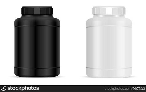 Big sports nutrition jar set vector illustration. Protein bottles with faceted lid. black and white cans isolated on background.. Sports nutrition jar set. Protein bottles. Vector