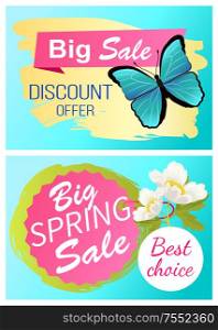 Big spring sale 70 off discount promo price offer set of stickers with blue butterfly and white apple tree blossom vector advertisements springtime. Big Spring Sale 70 Off Discount Promo Price Offer