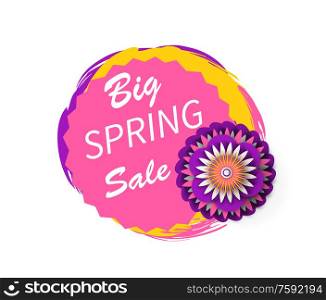Big spring sale advertisement sticker on watercolor splash decoration by origami paper cut flower. Vector price tag template, romantic blooming flourish. Big Spring Sale Advertisement Sticker Watercolor