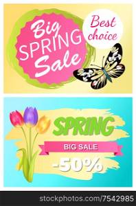 Big spring sale best choice discount 50 off promo stickers with exotic springtime butterfly and bouquet of tulip flowers vector set advert vouchers. Big Spring Sale Best Choice Big Discount 50