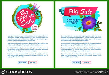 Big spring sale discounts offer web posters set with springtime lilac flowers vector on webpage with push buttons. Promo sticker purple blossoms. Big Spring Sale Discounts Offer Posters Set Flower