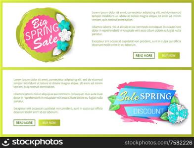 Big spring sale web site and banner with offers vector. Internet commerce, business of selling goods, prices off, discounts and propositions from shops. Big Spring Sale Web Site and Banner with Offers