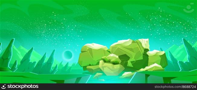 Big stone golem sleeping on alien planet surface. Vector cartoon illustration of fantasy frozen giant monster under snow and futuristic space landscape with rocks and stars in sky. Big stone golem sleeping on alien planet surface