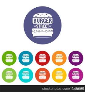 Big street burger icons color set vector for any web design on white background. Big street burger icons set vector color