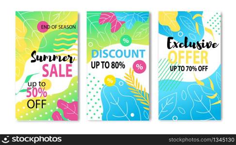 Big Summer Price Fall Social Media Post and Flyer Set. Vector Flat Illustration Lettering Sales up to 50, 70, 80 Percent, Discount and Exclusive Offer for End of Season. Promotional Networks Materials. Summer Price Fall Social Media Post and Flyer Set