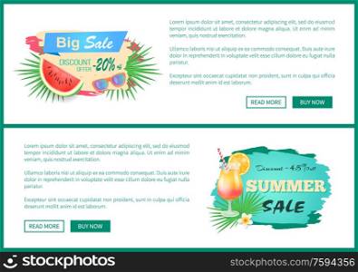 Big summer sale, best discount offer, shaped ribbon and spot. Sun glasses and watermelon piece, cocktail with orange slice, palm leaves, vector banner. Summer Sale Vector Banner Promotion Leaflet Sample
