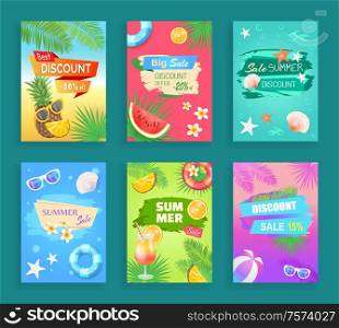 Big summer sale, best discount offer shaped ribbon and spot, vector banner. Beach party theme, inflatable ring, sun glasses, seashore and palm leaves. Summer Sale Vector Banner Promotion Leaflet Sample