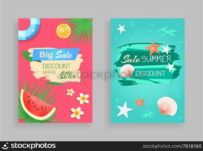 Big summer sale discount offer vector tropical promo posters. Starfish and shell, underwater creatures, fruit piece, inflatable ring, flower and palm leaf. Summer Sale Vector Banner Promotion Leaflet Sample