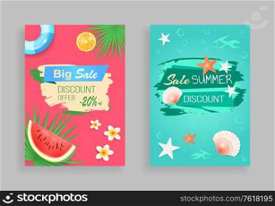 Big summer sale discount offer vector tropical promo posters. Starfish and shell, underwater creatures, fruit piece, inflatable ring, flower and palm leaf. Summer Sale Vector Banner Promotion Leaflet Sample