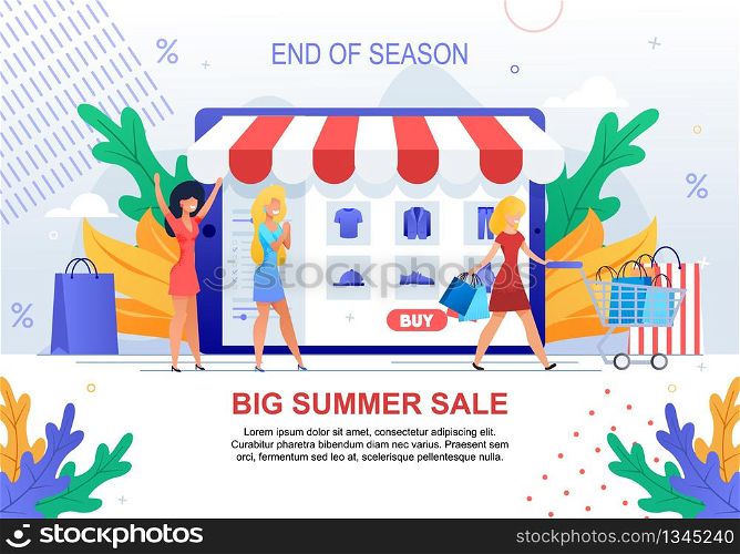 Big Summer Sale. End of Season. Happy Cartoon Woman Buy Clothes Fashion Collection Vector Illustration. Online Shopping Internet Store Clearance. Mobile Phone Shop Application. Special Deal Discount. Big Summer Sale. Happy Cartoon Woman Buy Clothes
