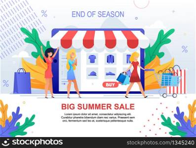 Big Summer Sale. End of Season. Happy Cartoon Woman Buy Clothes Fashion Collection Vector Illustration. Online Shopping Internet Store Clearance. Mobile Phone Shop Application. Special Deal Discount. Big Summer Sale. Happy Cartoon Woman Buy Clothes