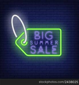 Big summer sale neon sign. Bright green sale tag contour with string. Night bright advertisement. Vector illustration in neon style for marketing and shopping