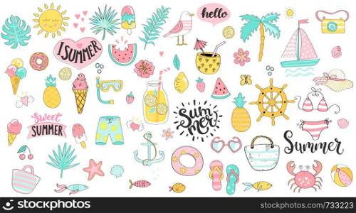 Big Summer set of hot season hand drawn elements such as boat,sun,drinks and fish,crab,palm,fruits, tropical leaves. Perfect for web,card,poster and cover,tag, invitation,sticker.Vector illustration.. Big Summer set of hand drawn elements for season