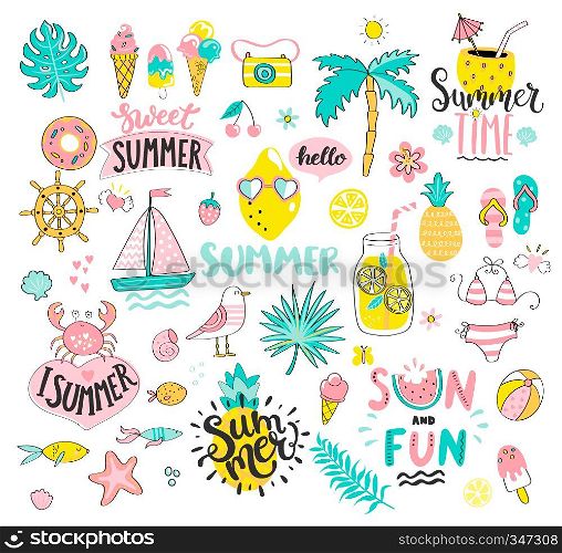 Big Summer set of sun and fun hand drawn elements such as boat,sun,drinks and fish,crab,palm,fruits, tropical leaves. Perfect for web,card,poster and cover,tag,invitation,sticker.Vector illustration.. Big Summer set of sun and fun hand drawn elements.