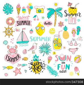 Big Summer set of sun and fun hand drawn elements such as boat,sun,drinks and fish,crab,palm,fruits, tropical leaves. Perfect for web,card,poster and cover,tag,invitation,sticker.Vector illustration.. Big Summer set of sun and fun hand drawn elements.