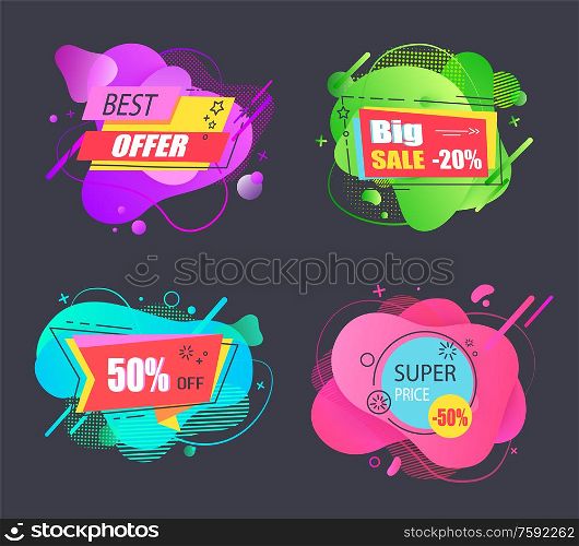 Big super price sell promotional vector set, emblems in shape of liquid drops, tags with fifty or twenty percent off, discount offer stickers isolated. Big Super Price Sell Offer Vector Liquid Tags Set