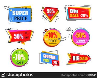 Big super sale promotional stickers with stars set. Emblems in shape of round bomb, tags with threads, and rectangular cards vector illustrations.. Big Super Sale Promotional Stickers with Stars Set