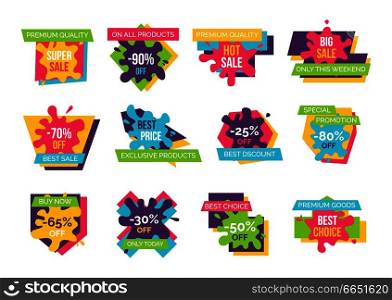 Big super sale up to 90% bright colorful promotional emblems set with paint blots isolated cartoon flat vector illustrations on white background.. Big Super Sale Up to 90% Promotional Emblems Set